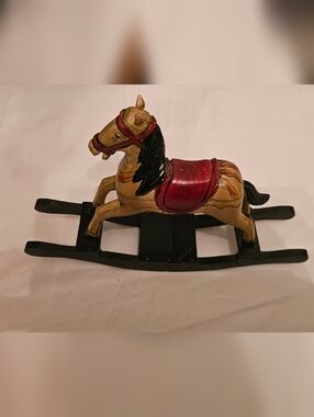 Vintage Hand Painted Wooden Rocking Horse Figurine - 6" Decorative Nursery Art